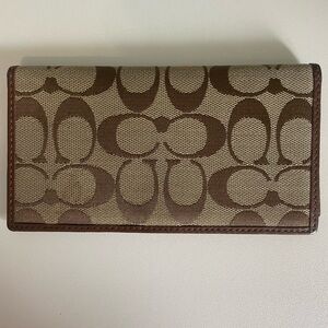 Coach Signature C Monogram Checkbook Cover Slim Wallet Brown Leather Trim